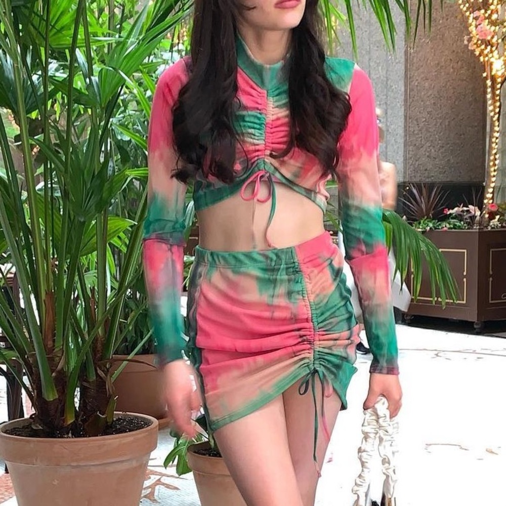 pink and green tie dye skirt set